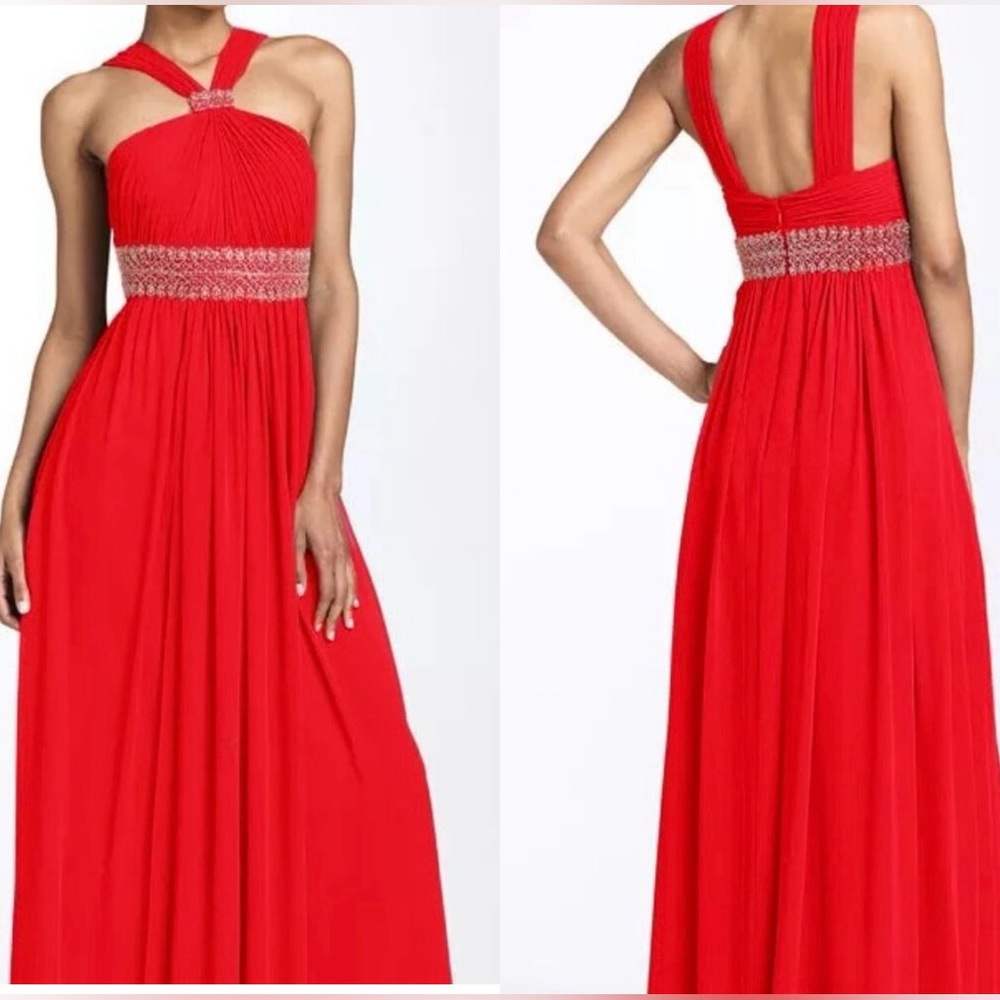 Red JS Boutique Beaded Chiffon Halter Gown, Size 2